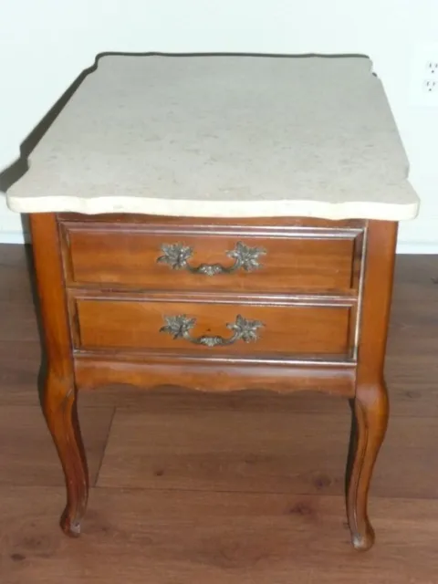 Antique French Provincial Side End Table Mahogany Wood Marble Top Drawer Marble