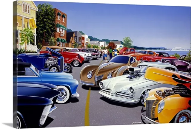 Car Show By The Lake Canvas Wall Art Print, Car Home Decor