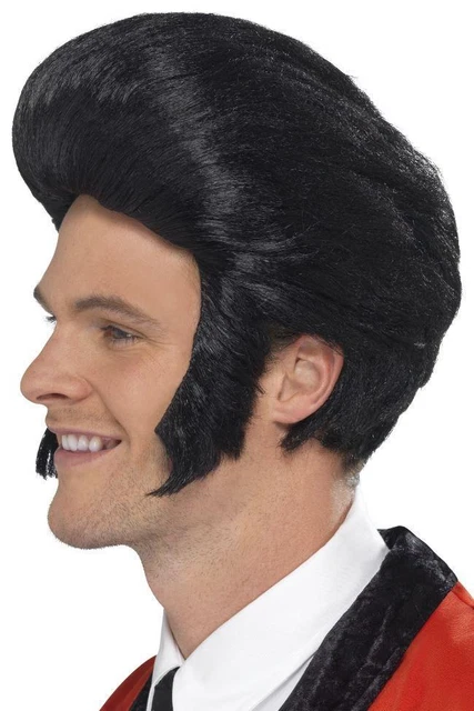 ELVIS PRESLEY 50s QUIFF KING WIG BIG SIDEBURNS BLACK MENS HAIR PIECE FANCY DRESS