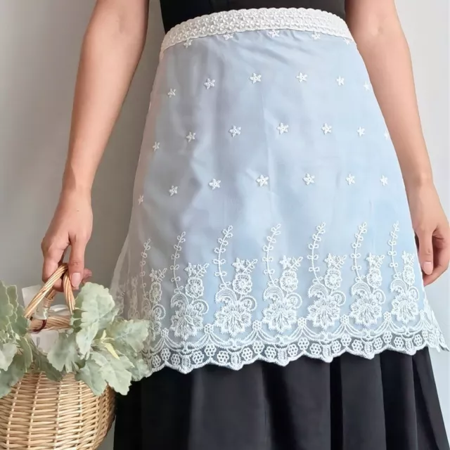 Women Hotel Waist Apron Elegant Short With Long Straps Lace Embroidery Cafe Half