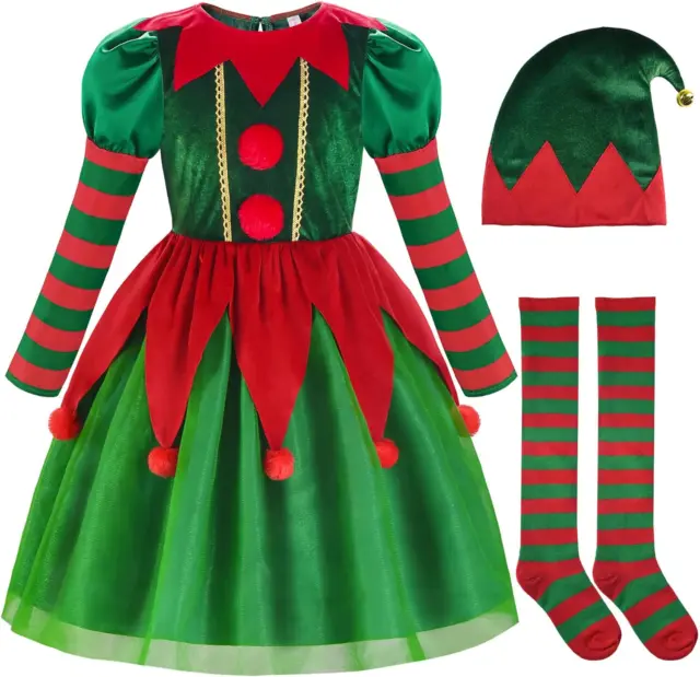 Costume Elfo Bambina 2-12 Anni Vestito Natalizio Natale Con Accessori Abito Chri