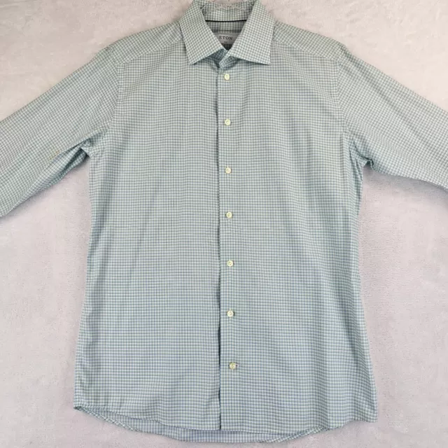 Eton Dress Shirt 16.5 42 Slim Blue Darted Mitered Cuff Green Blue Check