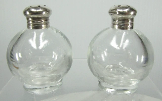 SALT  & PEPPER SHAKER SET  Sterling Silver Cap on Glass Jar  VINTAGE  GLOBE ORB
