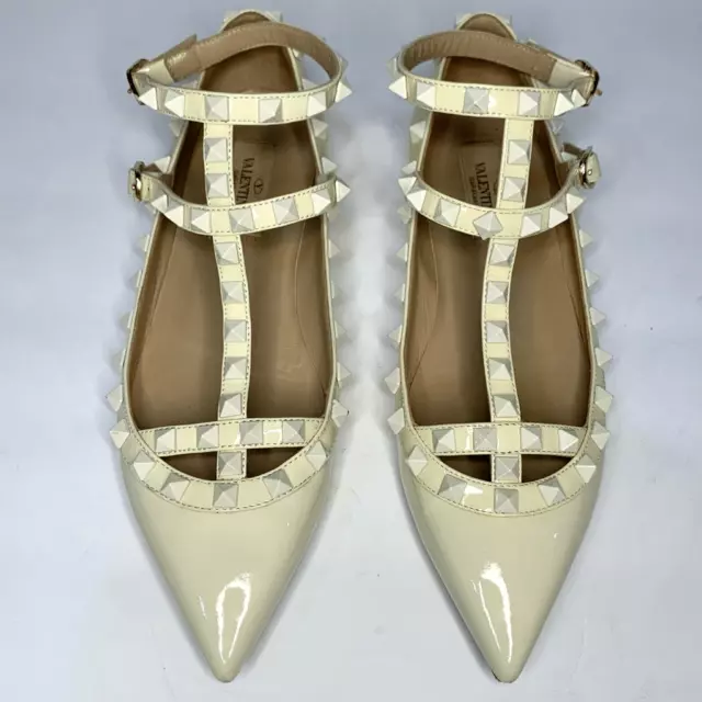 Valentino Rockstud Cage Patent Ballerina Flat Shoe Women EU 36.5 US 6.5 US Ivory