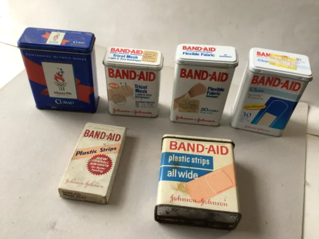 4- Vintage Johnson & Johnson Band-Aid Metal Tins & 1 Cardboard Pack, 1-Curad