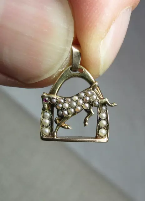 Caballo Ecuestre Rubí 14K Perla Colgante Charm Caza Montar Eduardiano Victoriano