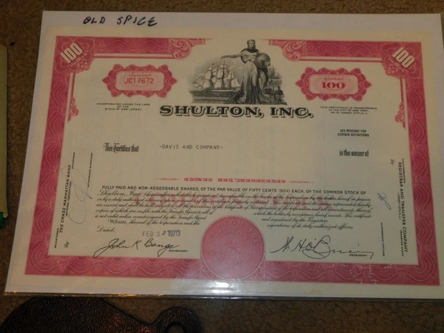 Shulton, Inc., Old Spice, 1970, Stock Certificate