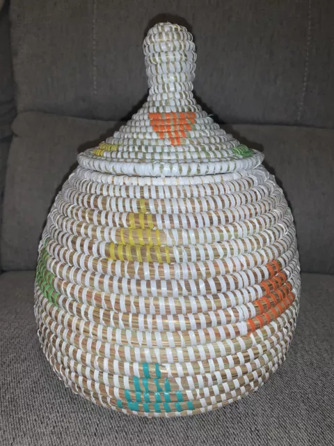 Senegal Hand Woven Basket Pot with Lid Recycled Multicoloured Storage 10” x 8”