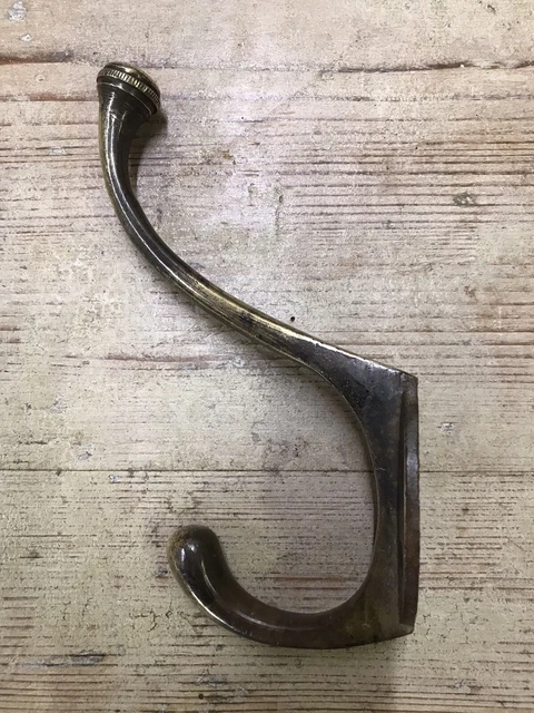 Original Antique Edwardian Brass Double Coat Hook Old  Metal Reclaimed Vintage 4