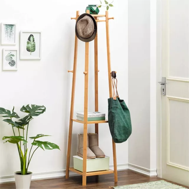 Bamboo Clothes Rail Stand Freestanding Garment Rack Corner Shelf Shoe Rack Hooks