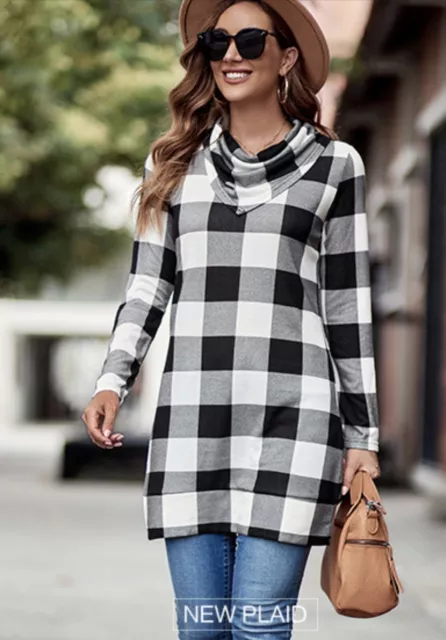 Styleword Womens Plaid Tunic Cowl Neck Black White Summer Top SOFT Long Sleeve M