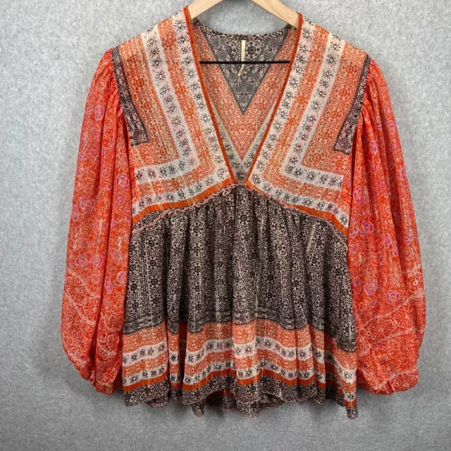 Free People Aliyah Printed Tunic Womens XS Metallic Orange V Neck Sheer EUC