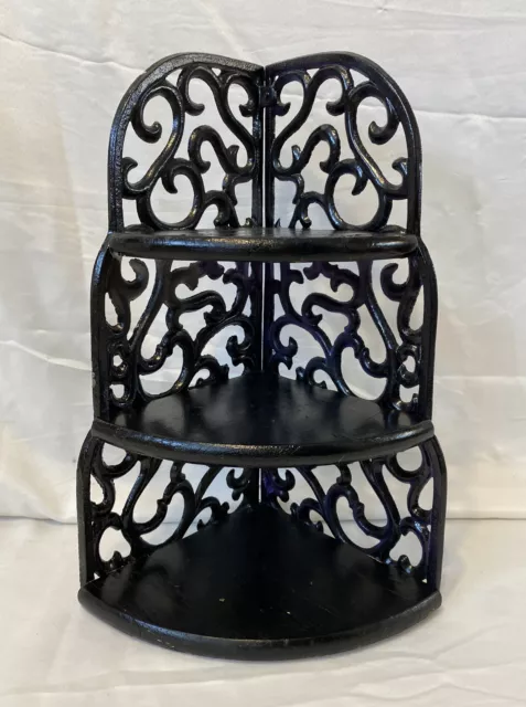 Vintage Cast Iron & Wood Corner Wall Shelf 3 Tier Hanging Scroll 15.25"