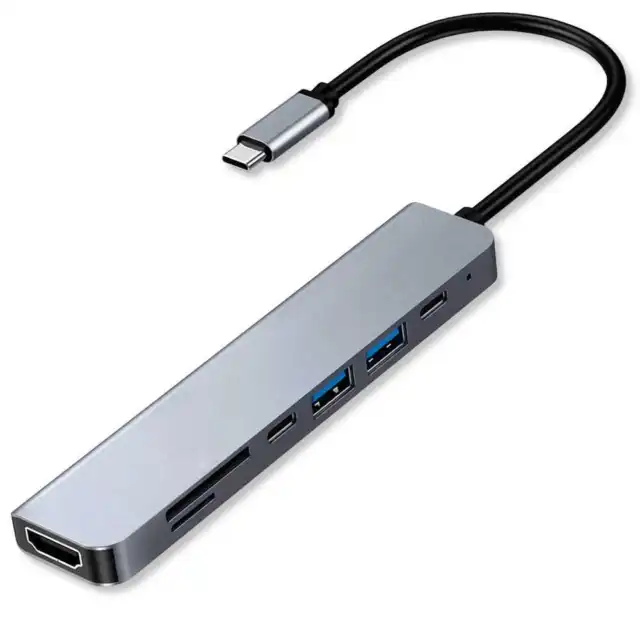 Hub USB C Double USB 3.0 Video HDTV 4K MMC TF MicroSD Card pour Laptop Argent