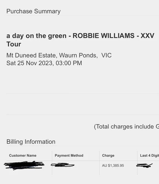 4x Robbie Williams Concert Tickets - MT DUNEED ESTATE - SAT 25TH NOVEMBER 2023