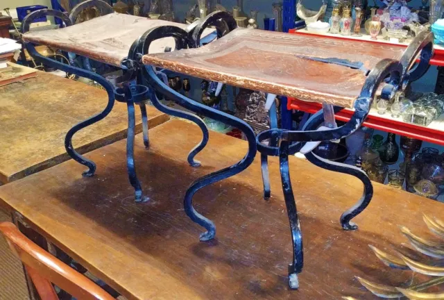 Pair Of Stools. Wrought Iron And Leather. Catalan Modernism. Early 20Th Century