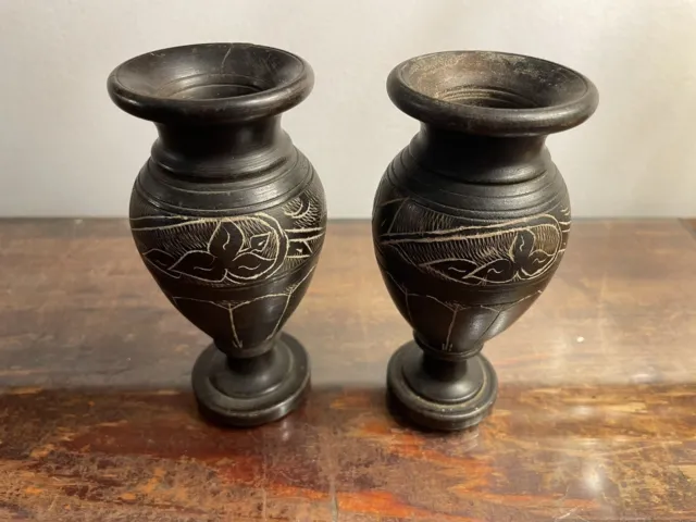 Vintage Dead Sea Stone Black Bud Vase with Carved Designs Etched~Signed 1957