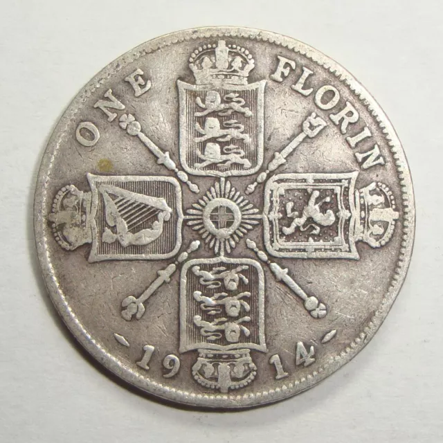 1914 Great Britain One 1 Florin George V Sterling Silver World Coin