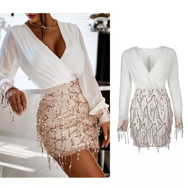 Sexy Womens Glitter Sequin Long Sleeve V Neck Bodycon Mini Dress Cocktail Party
