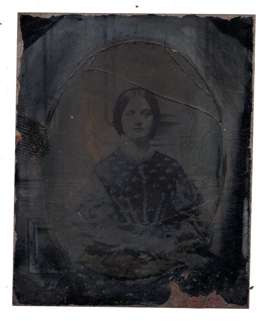 C. 1870s 1/9TH PLATE TINTYPE GORGEOUS YOUNG LADY IN BLACK DRESS HEAVILY DAMAGED