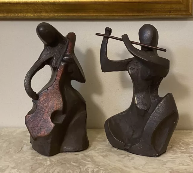 Two Musician Bronze Statues Very Heavy Metal Figurines Brutalist Style 8” Tall