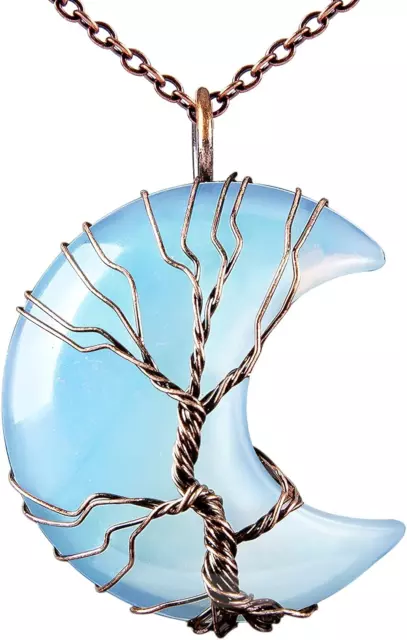 Bivei Tree of Life Crescent Moon Necklace Copper Wire Wrap Natural Gemstones Pen