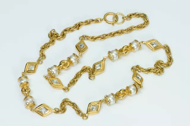 CHANEL PARIS 1970'S Gold Plated Pearl Crystal Chain Sautoir