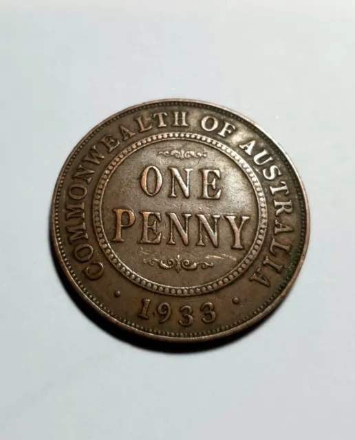 1933/2 Overdate KGV One Penny, Vintage Year Date Collectors Coin, about/VF #010