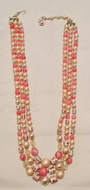 Vintage Japan Pink Gold And Faux Pearl 3 Strand 24 Inch Necklace - Lovely Estate