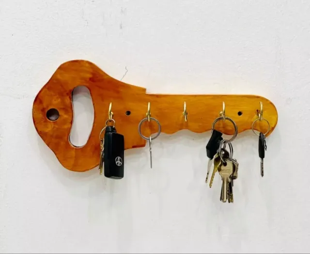 Keys Key Rack Holder Hanger Entryway Wooden Wall Mount 5 Hooks Home Key Shape