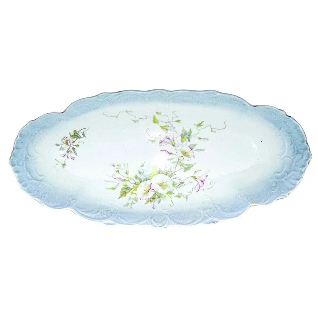 Carl Tielsch Altwasser Antique Porcelain China Oval Serving Dish Blue Bindweeds