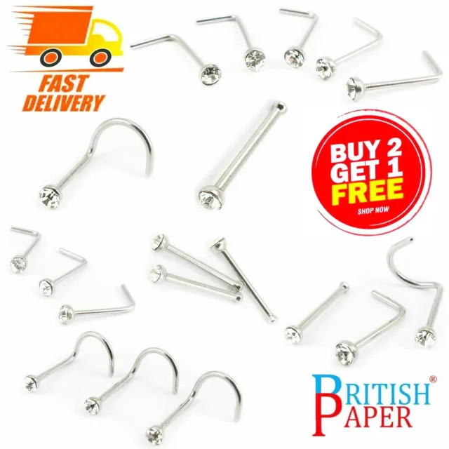 Uk Silver Nose Stud Straight I L Screw Shape Surgical Steel Pin Set Bar Piercing