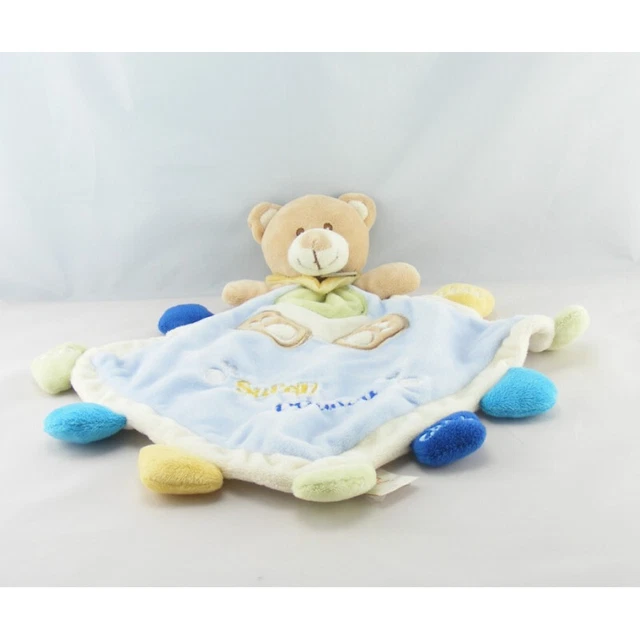Doudou plat ours bleu jaune vert Super Doudou BABY NAT - 12495
