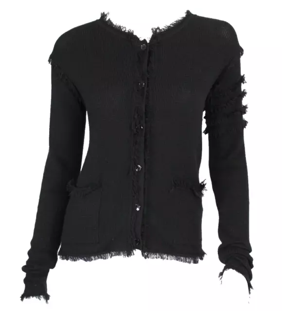 THOM BROWNE Black Cashmere Knit Buttoned Fringed Cardigan Sweater 40