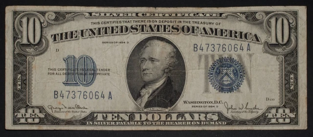 1934-D $10 Silver Certificate Blue Seal Note Fr 1705 US Currency
