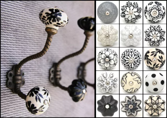 Vintage iron hooks coat hooks with ceramic knobs