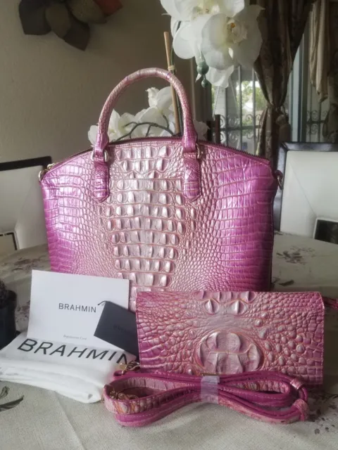Beautiful Brahmin W/Wallet pink Peony Melbourne Croc Embossed leather handbags