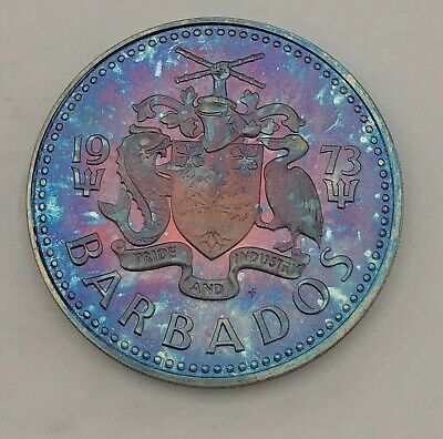 1973 Barbados 5 Ten Dollars Proof Silver Blue Purple Color Toned Gem Bu (Mr)