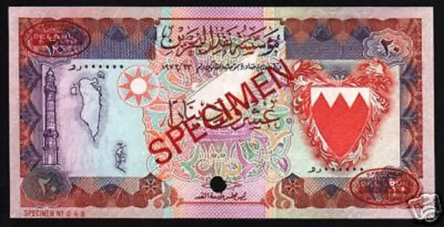 Bahrain 20 Dinars P11 1973 De La Rue *Specimen* Unc Rare Boat Map Gulf Bank Note