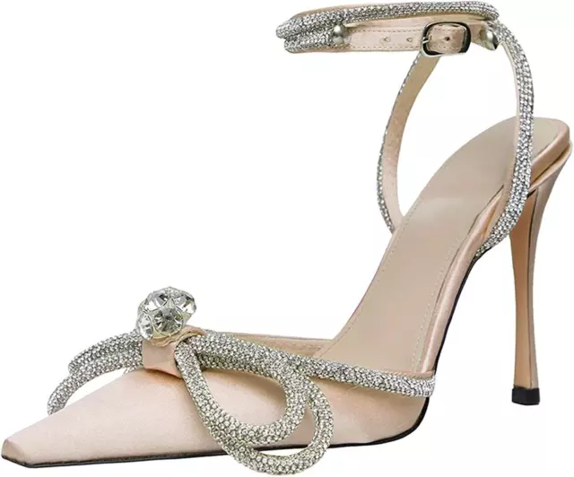 BlingQueen Women's Heeled Sandals Satin Rhinestone Ankle Strap Pumps Crystal...