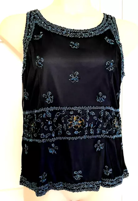 Nwt Marina Womens Beautiful Beaded Navy Dressy Sleeveless Top-Size Large