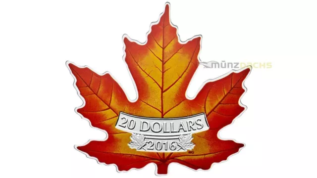 20 $ Dollar Coloured Maple Leaf Shaped Cut Out Kanada 1 oz Silber PP 2016