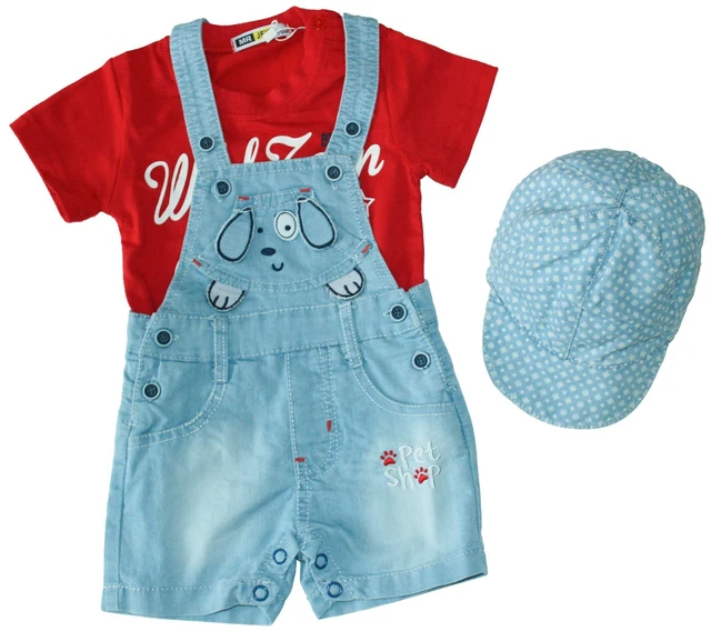 Completo Neonato Bambino Salopette + T.shirt Jeans E Cappellino Tg. 6/9 Mesi