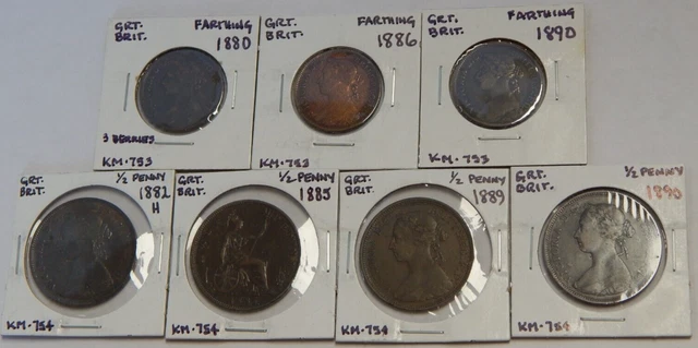 7 - Great Britain - 1880-1890 - Bun Head Victoria - Bronze Farthing & Half Penny