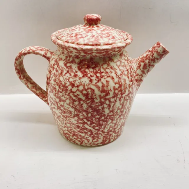 Vtg Henn Ceramic Pottery Tea Coffee Pot Red And White Sponge ware