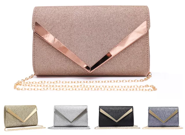 New Ladies Glitter Evening Clutch Bag Womens Wedding Party Prom Envelope Handbag