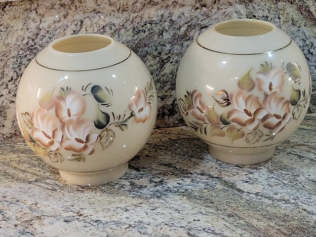 PAIR Rare Vtg GWTW Hand Painted Oil Lamp Ball Shade Globe Dog Woods 8" set htf