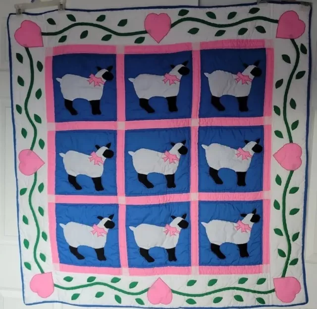 Handmade Quilted Sheep Pink Heart Appliqué  Baby Blanket Quilt