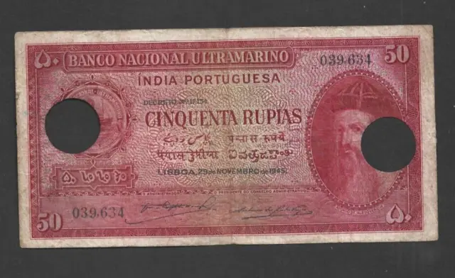 50 Rupias Fine Cancelled Banknote From Portuguese India 1945  Pick-38  Rare