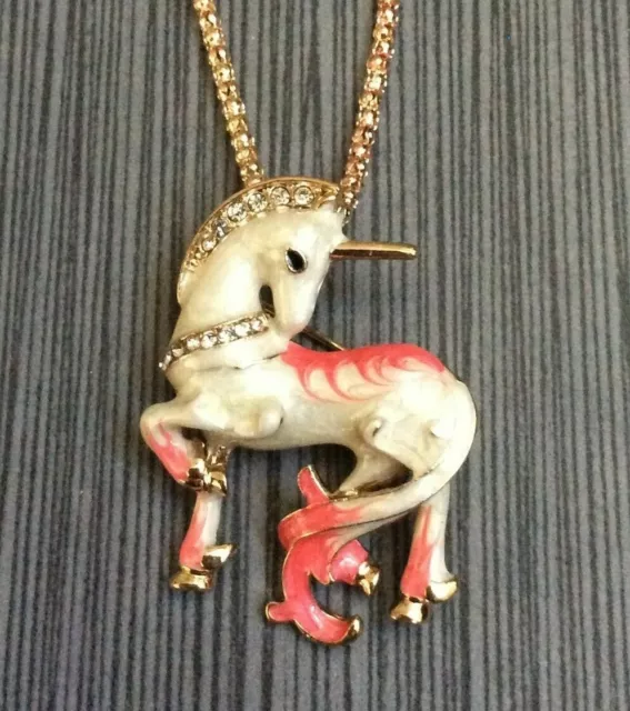 Betsey Johnson Crystal Unicorn Pendant & Brooch Pin on a Gold Chain Necklace New